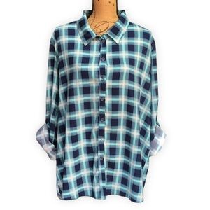 Moa Moa Plaid wrinkle free Flowy Blouse Roll-up Sleeves 2X